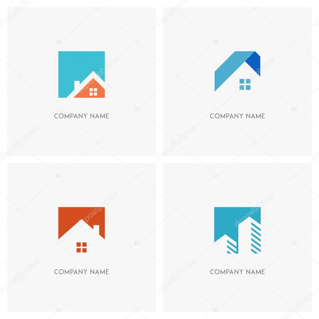 Real estate vector logo. Home with window and chimney, simple house symbol, skyscrapers or arrows on the square background - realty, building, city and megalopolis icons.