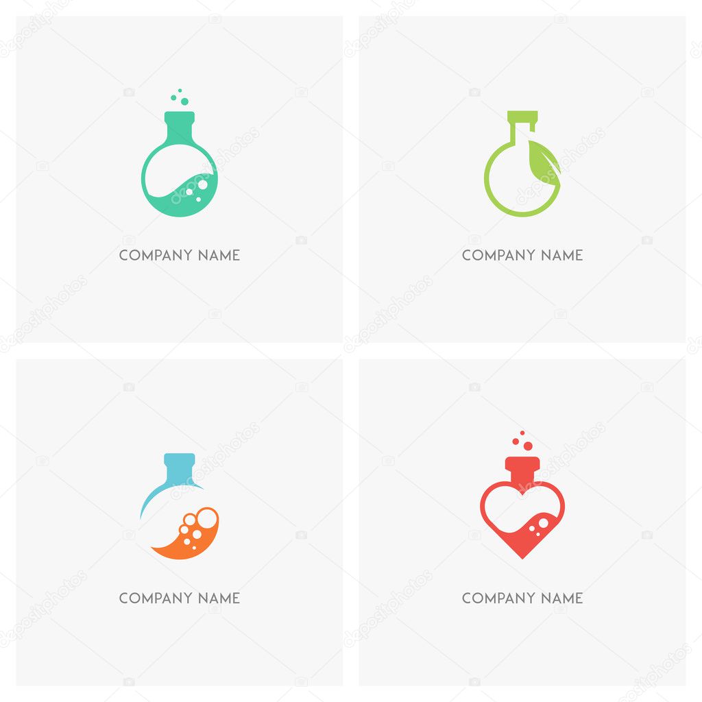 Laboratory test tube vector logo set. Lab bottle with bubbles, fresh green sprout with leaf and heart symbol - science, chemistry, ecology and love icons.