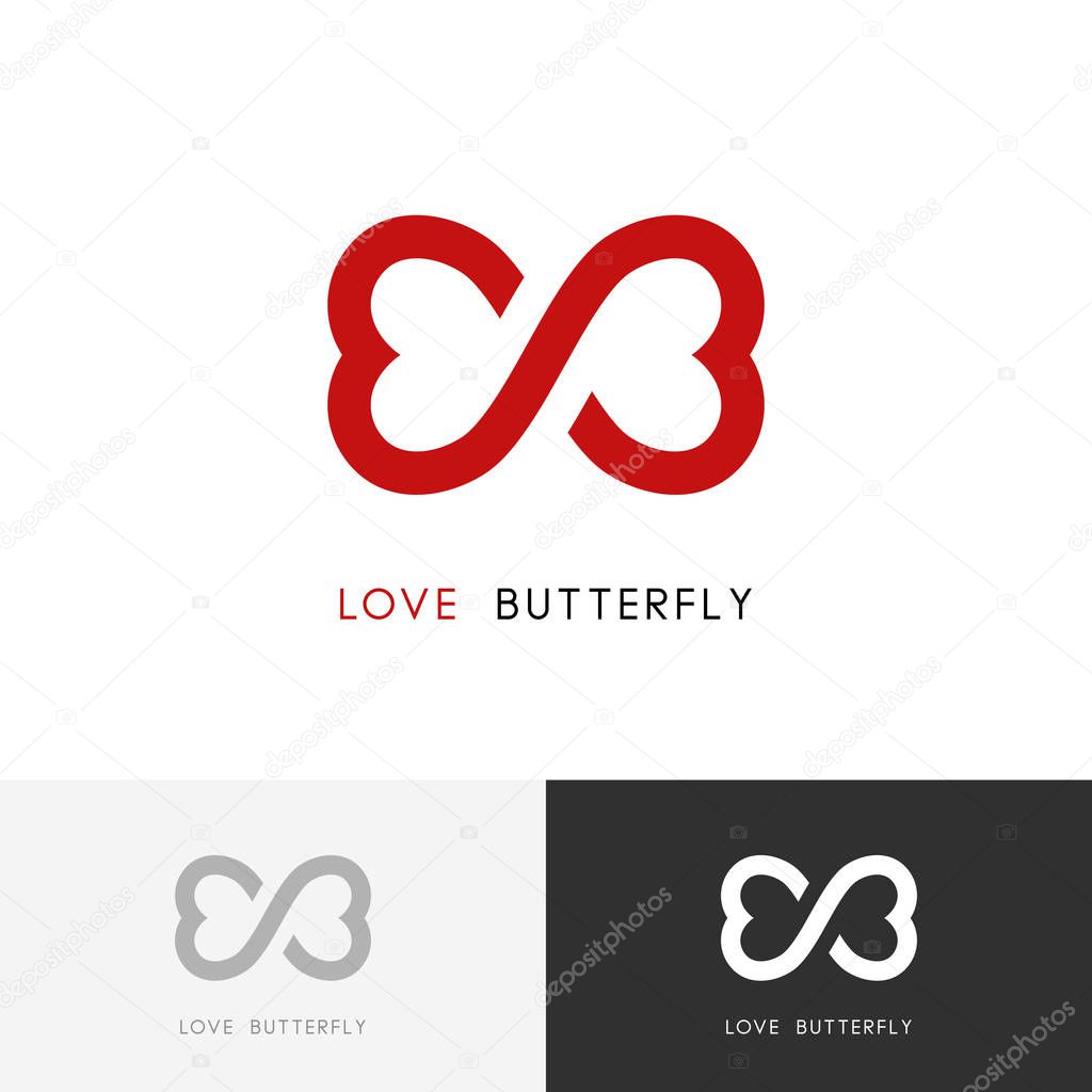 Love butterfly logo - two red hearts or wings of the moth symbol. Valentine, relationship and infinity vector icon.
