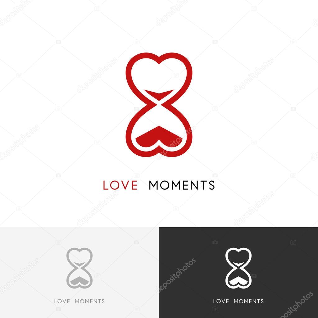 Moments of love logo - hourglass or sandglass and heart symbol. Time and date vector icon.