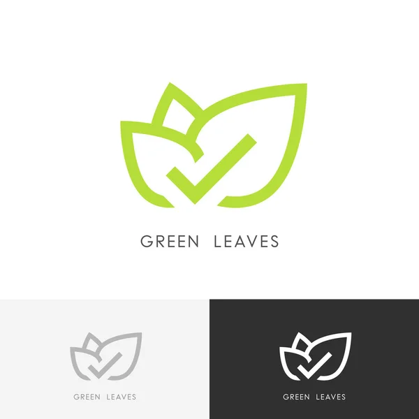 녹색 확인 표시 로고와 나뭇잎 — 스톡 벡터