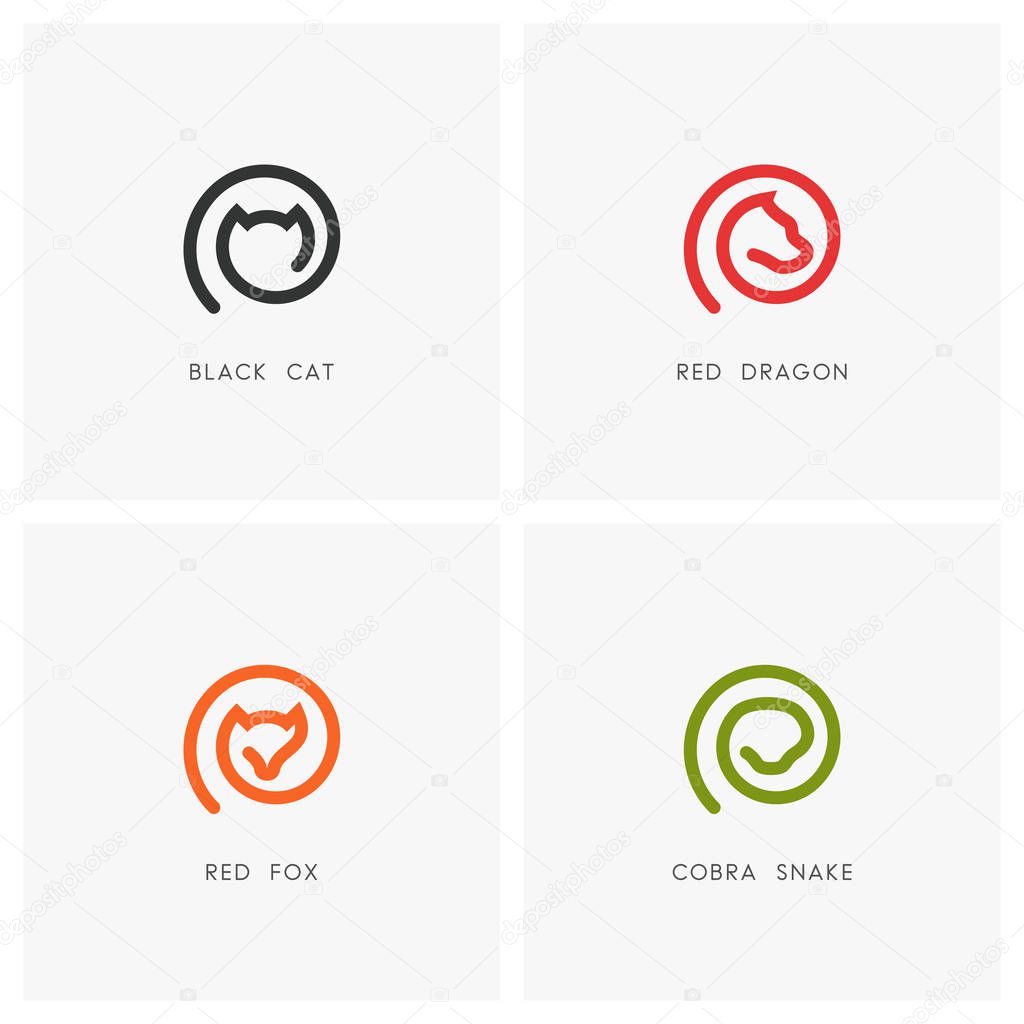 Animal outline logo set. Black cat, red dragon, fox and cobra snake symbols - pet and wild predator icons.