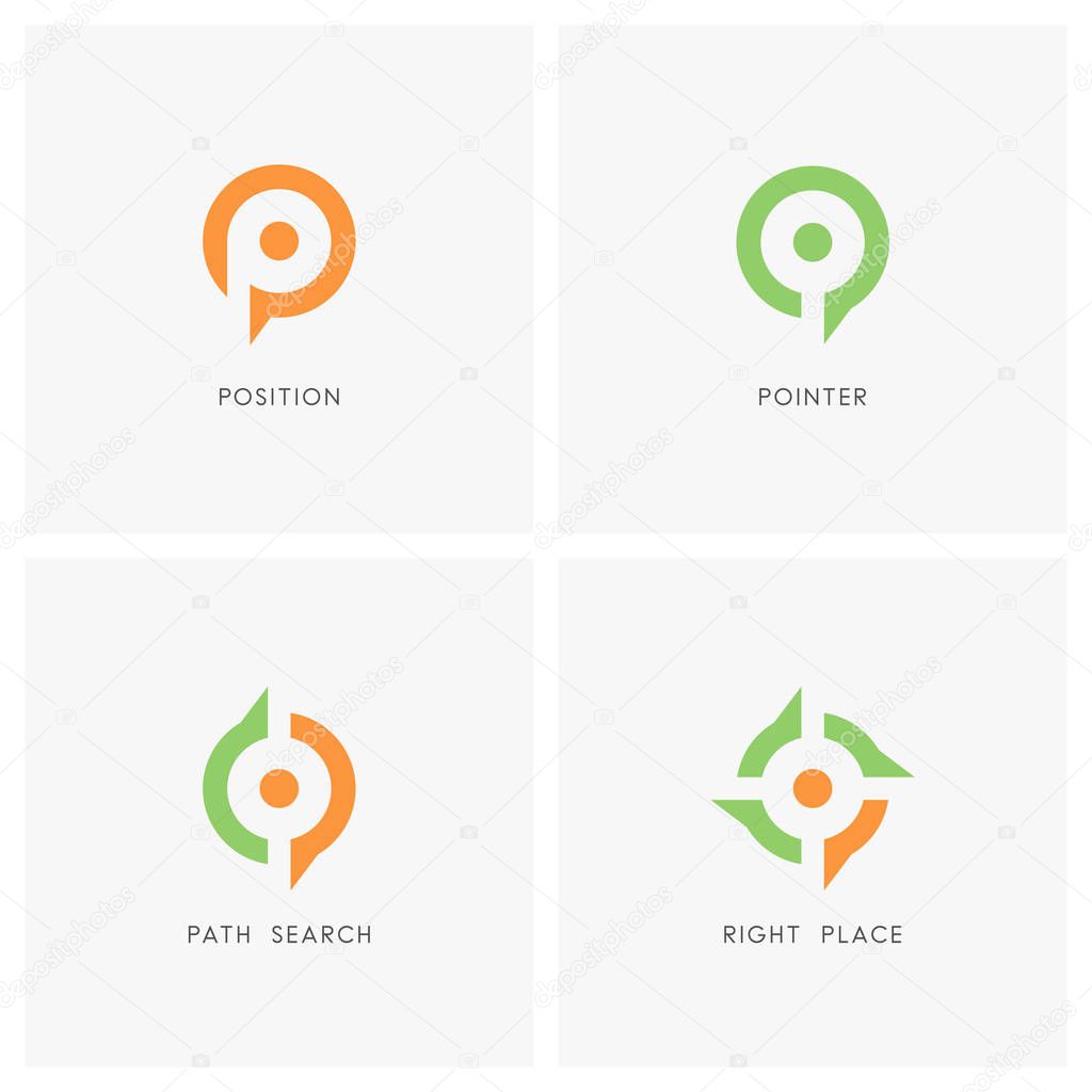 Position pointer logo set. Place or address symbol, path search and target sign - location, destination and navigation icons.
