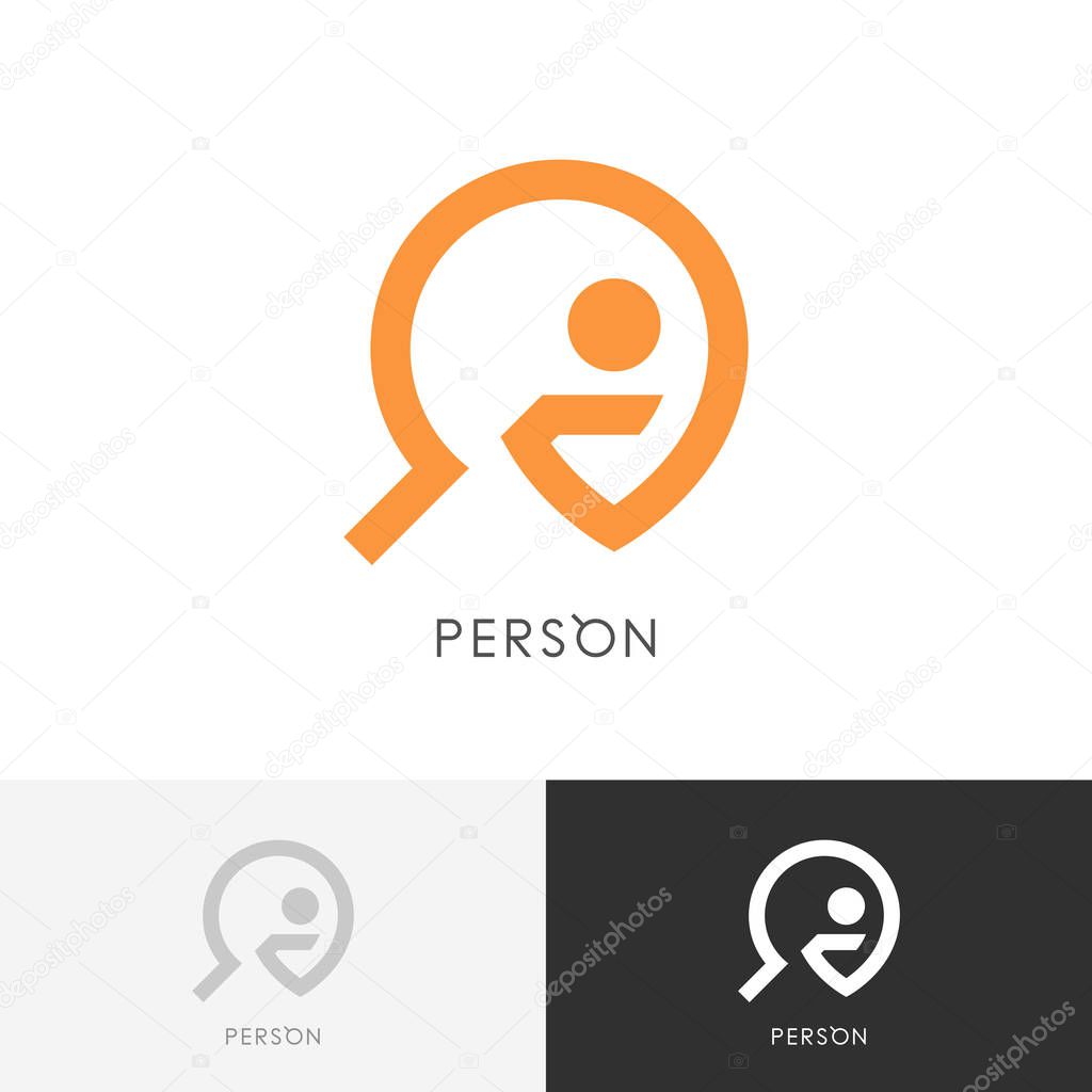 Person search logo - man or human and magnifier symbol. Employment agency, recruitment and job hunt vector icon.
