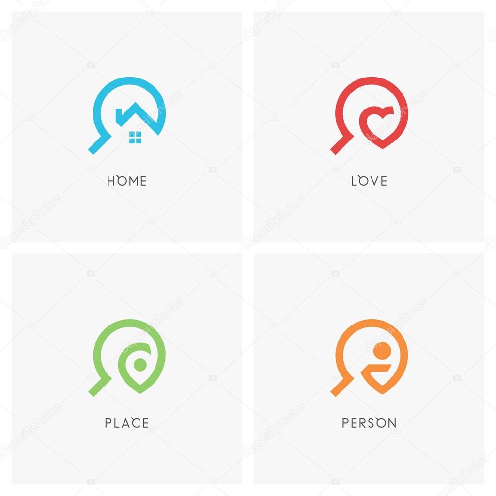 Search logo set. House or home, heart, address pointer, person and magnifier symbol - realty, love, travel and employment agency icons.