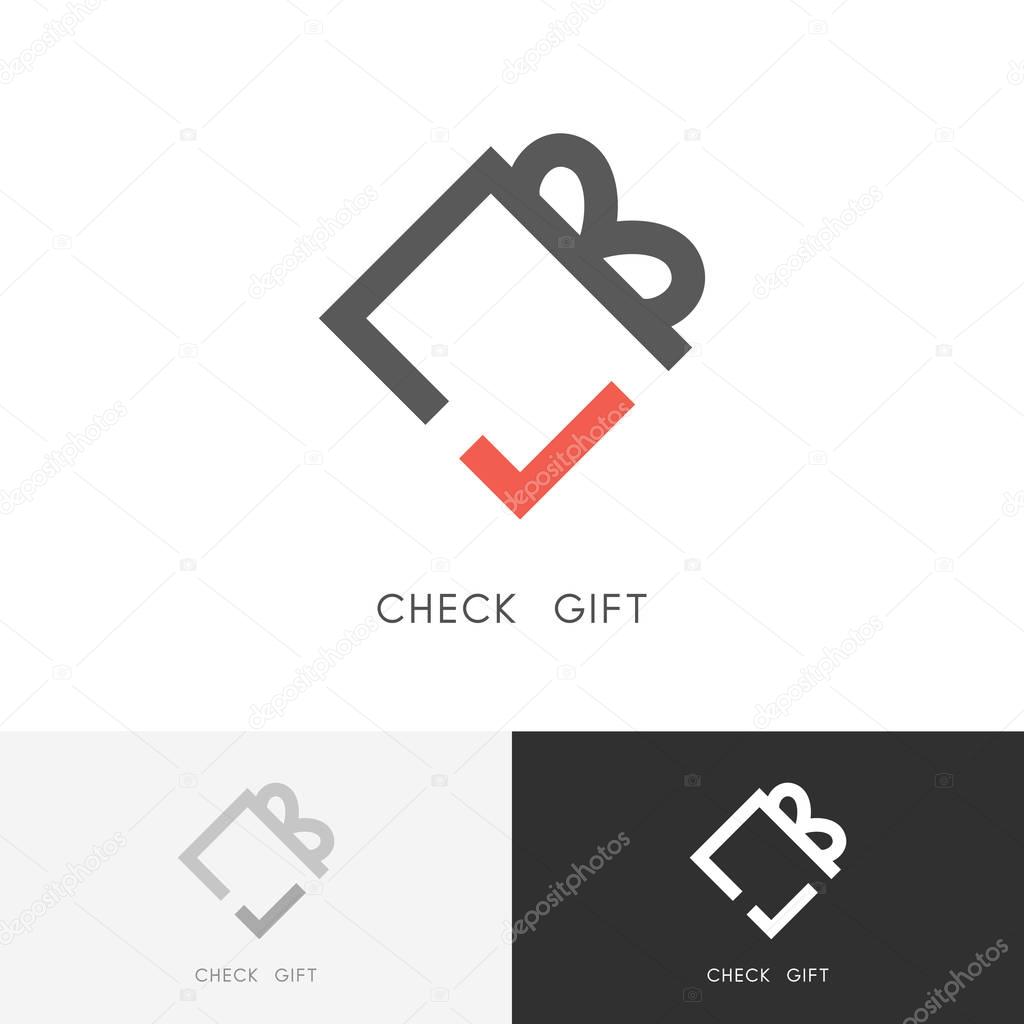 Check gift logo - present box with ribbon and red checkmark or tick symbol. Shopping and delivery vector icon.