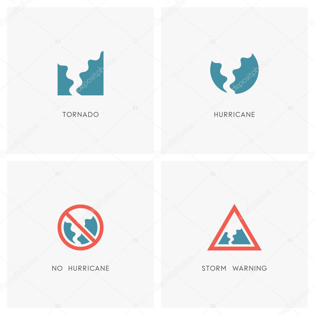 Hurricane logo set. Tornado, storm or twister and warning or stop signs - natural disaster and bad weather icons.