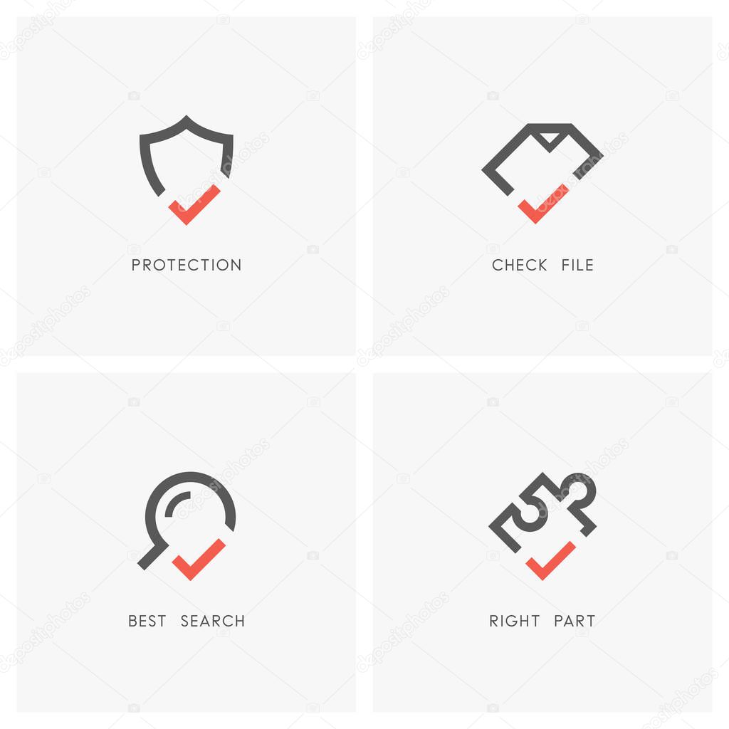 Check mark logo set. Shield, document or file, magnifying glass and puzzle piece with tick or checkmark symbol - protection and defense, agreement, search and jigsaw part icons.