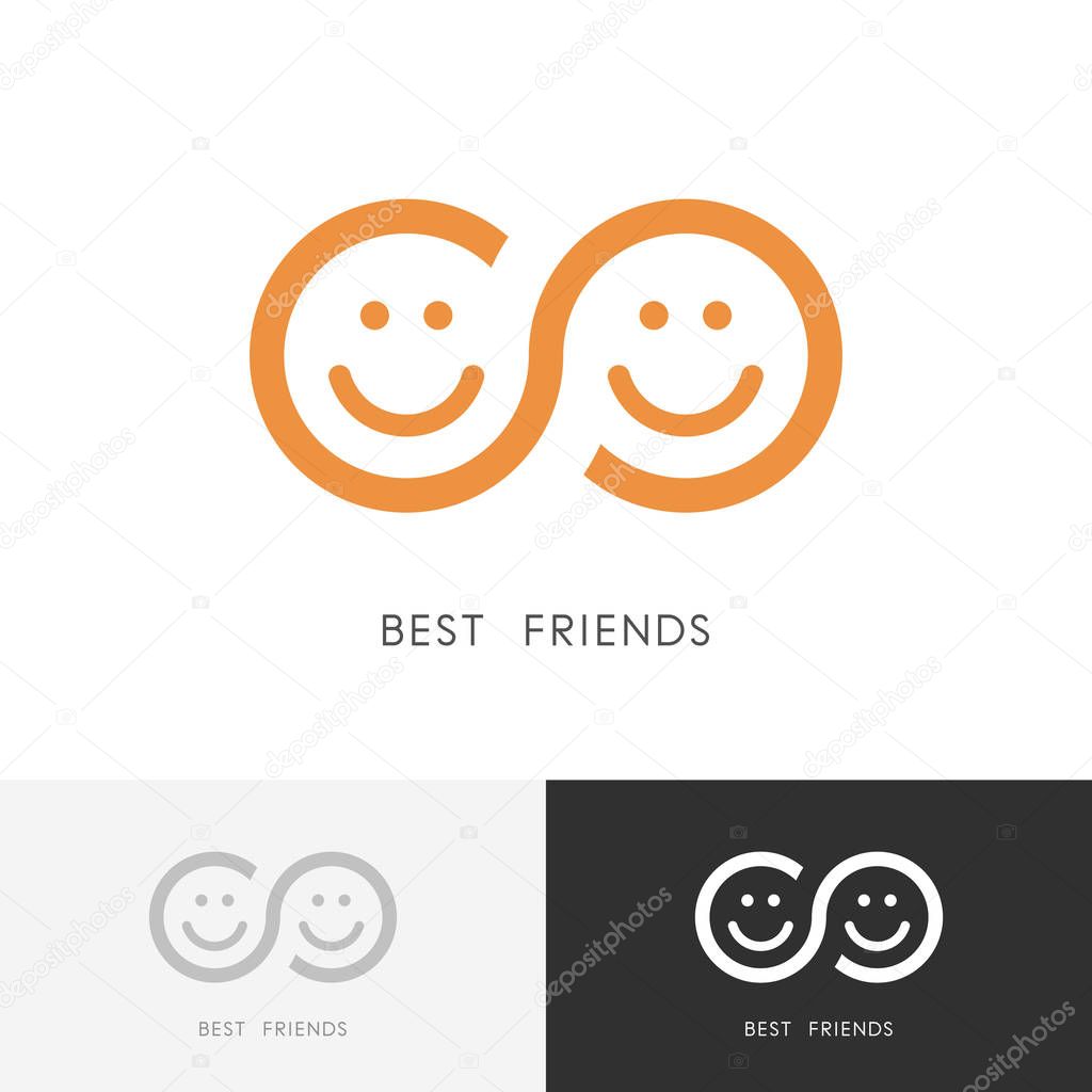 Best friends logo - two smiling faces and infinity symbol. Friendship, togetherness and partnership vector icon.