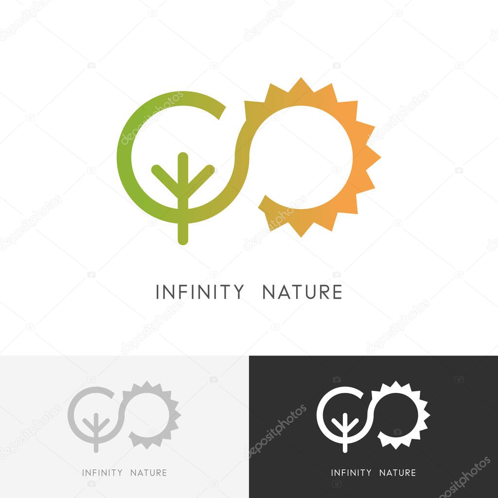 Infinity nature logo - green tree and the sun symbol. Ecology, environment and agriculture vector icon.