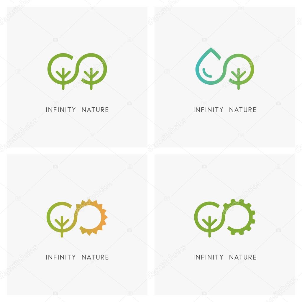Infinity and nature logo set. Green tree, drop of water, the sun and gear wheel - ecology and environment, agriculture and industry icons.