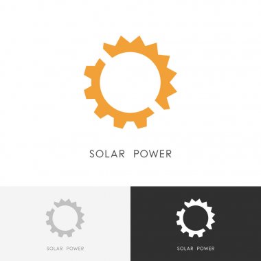 Güneş enerjisi logo - güneş ve Dişli çark veya pinyon sembolü. Alternatif enerji kaynağı, sanayi ve ekoloji vektör simgesi.