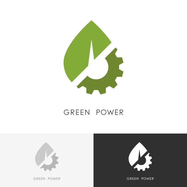 绿色电源标识 叶片和齿轮或小齿轮的符号 替代能源 工业和生态矢量图标 — 图库矢量图片