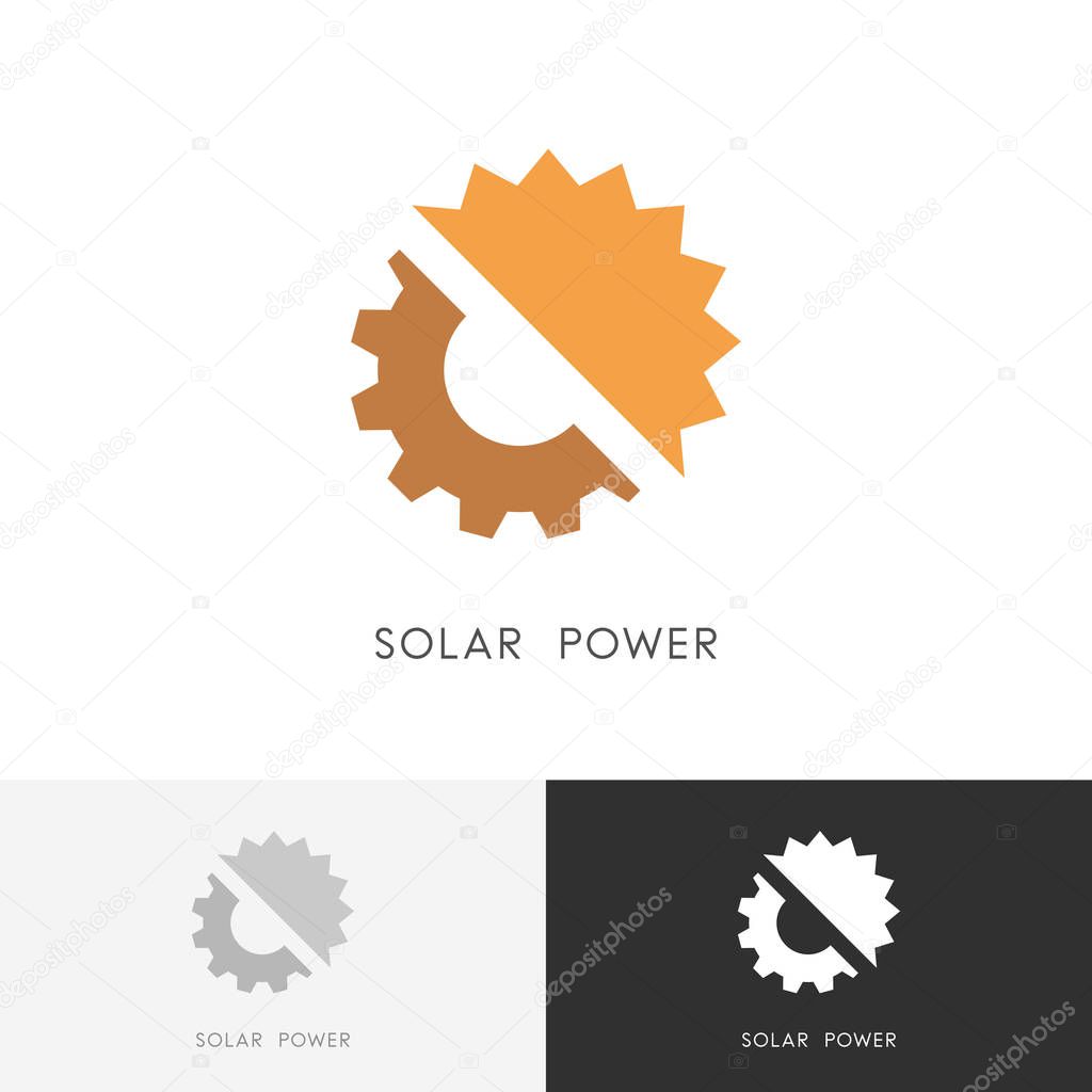 Solar power logo - sun and gear wheel or pinion symbol. Alternative energy source, industry and ecology vector icon.