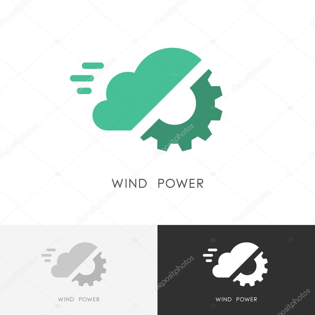 Wind power logo - cloud and gear wheel or pinion symbol. Alternative energy source, industry and ecology vector icon.