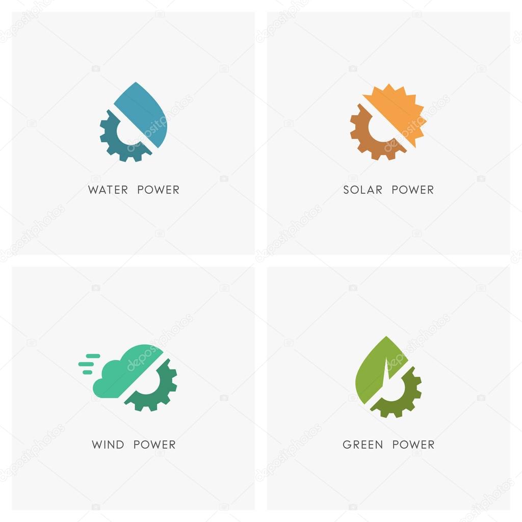 Green energy logo set. Drop of water, the sun, cloud, leaf and gear wheel or pinion symbol - solar, wind and hydro power, industry, ecology and environment icons.