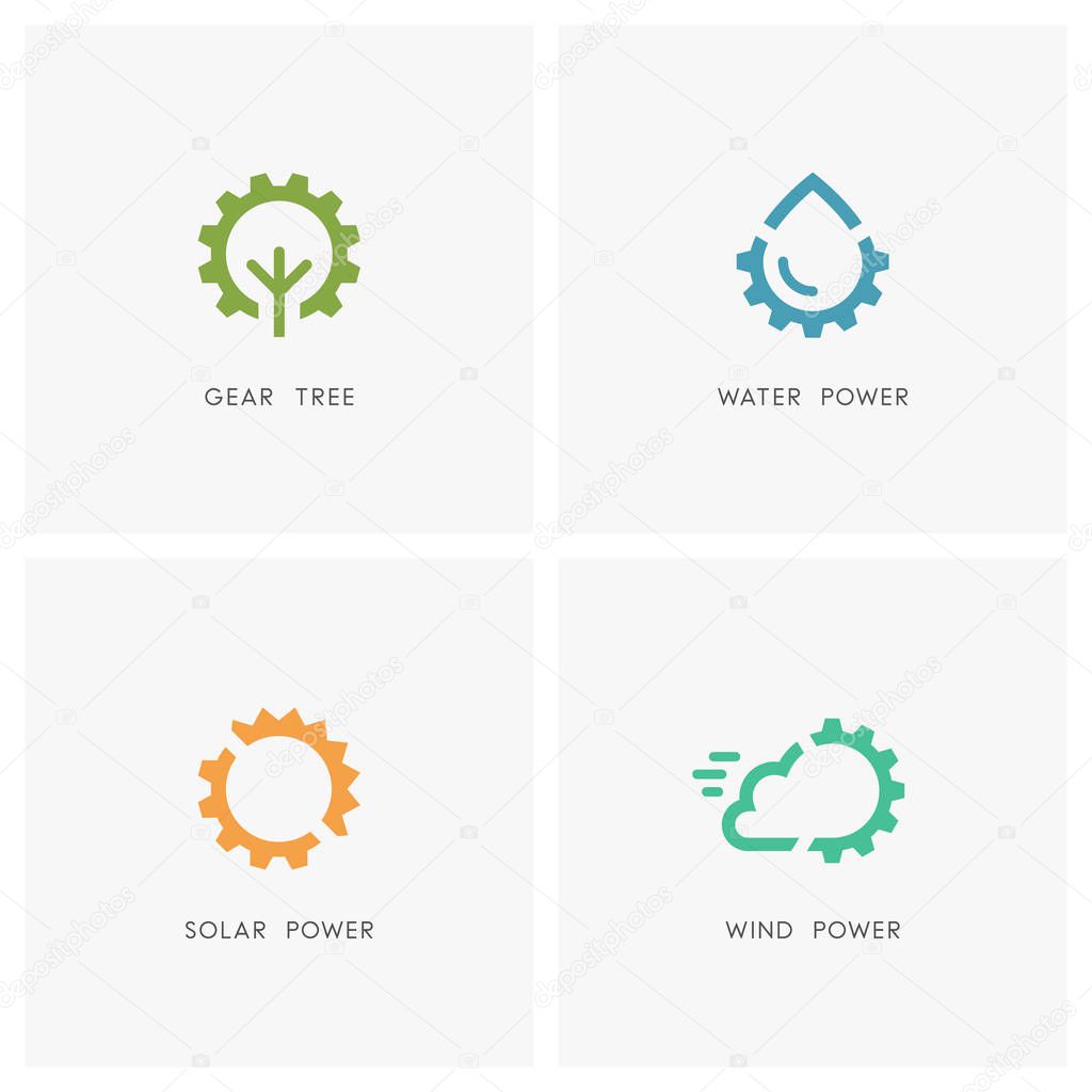 Alternative energy logo set. Green tree, drop of water, the sun, cloud and gear wheel or pinion symbol - solar, wind and hydro power, industry and ecology icons.