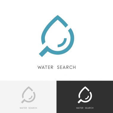 Su arama logo - damla sıvı veya petrol ve Büyüteç veya Büyüteç'in sembolü. Laboratuvar, araştırma ve ekoloji vektör simgesi.