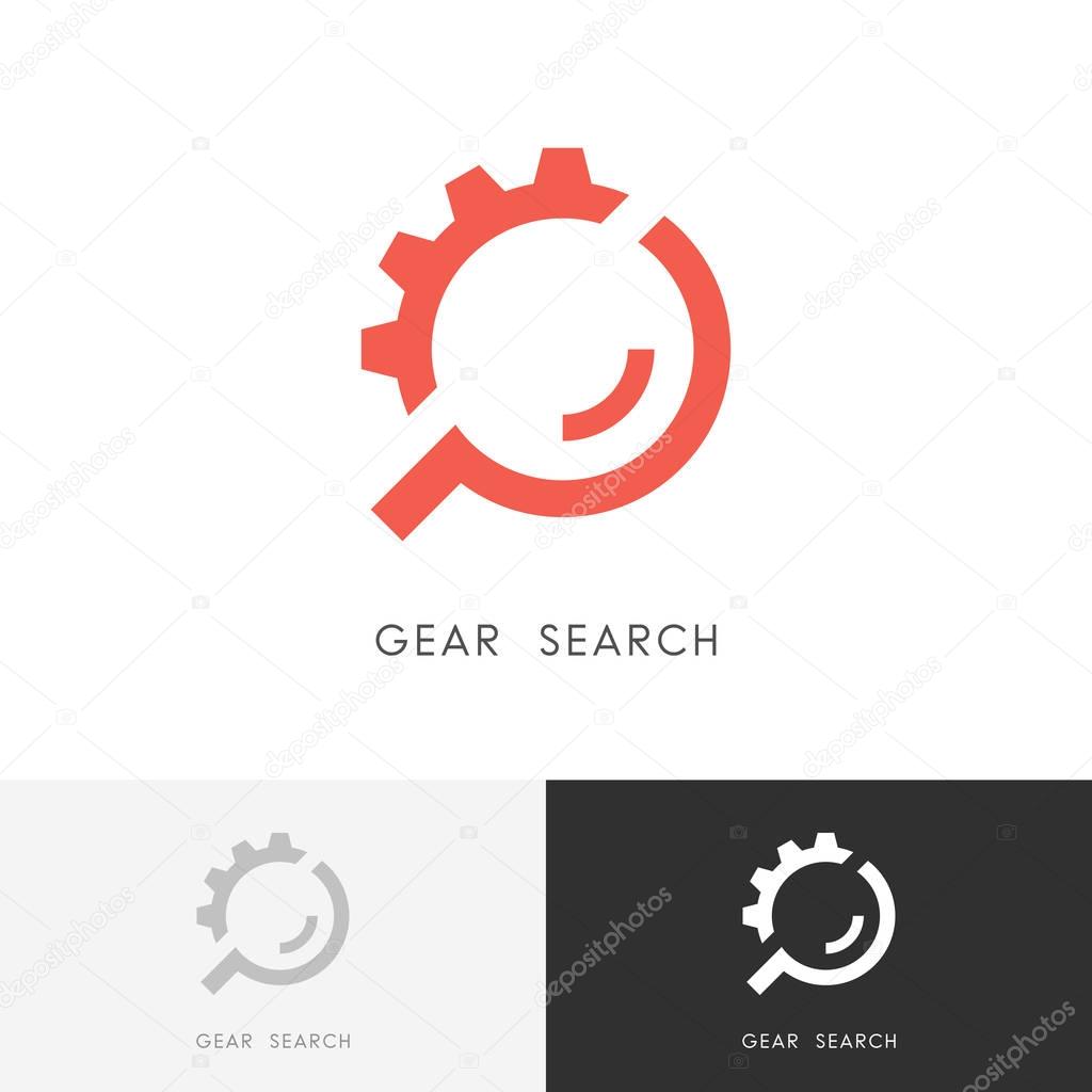Gear search logo - wheel or pinion and loupe or magnifier symbol. Industry, equipment and machinery, repair and maintenance vector icon.