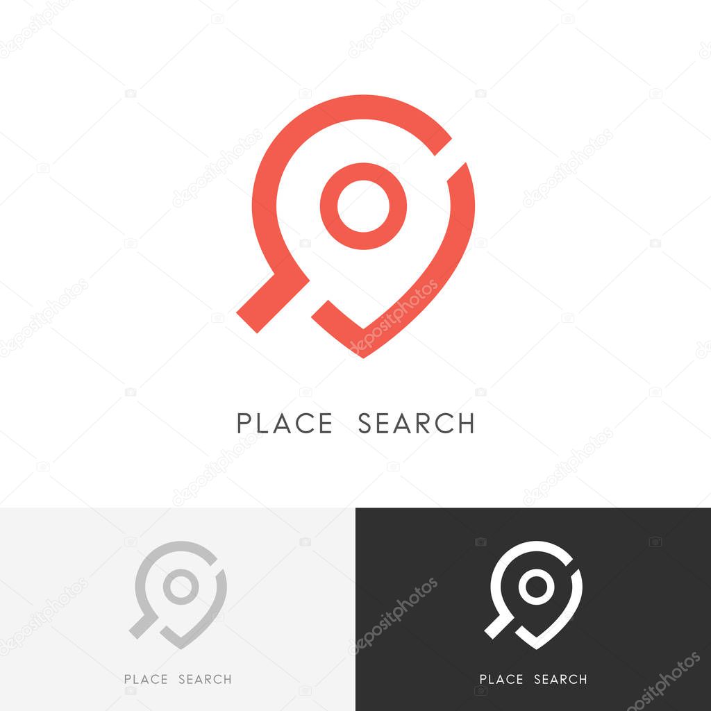 Place search logo - address pointer and loupe or magnifier symbol. Location map and destination vector icon.
