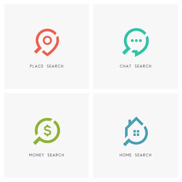 Arama logo koymak. Adres işaretçisi, sohbet, dolar işareti, ev ya da ev ve Büyüteç veya sembol - place, konumu ve hedef, diyalog, konuşma ve tartışma, finans ve yatırım, Emlak ve gayrimenkul simgeler Büyüteç.