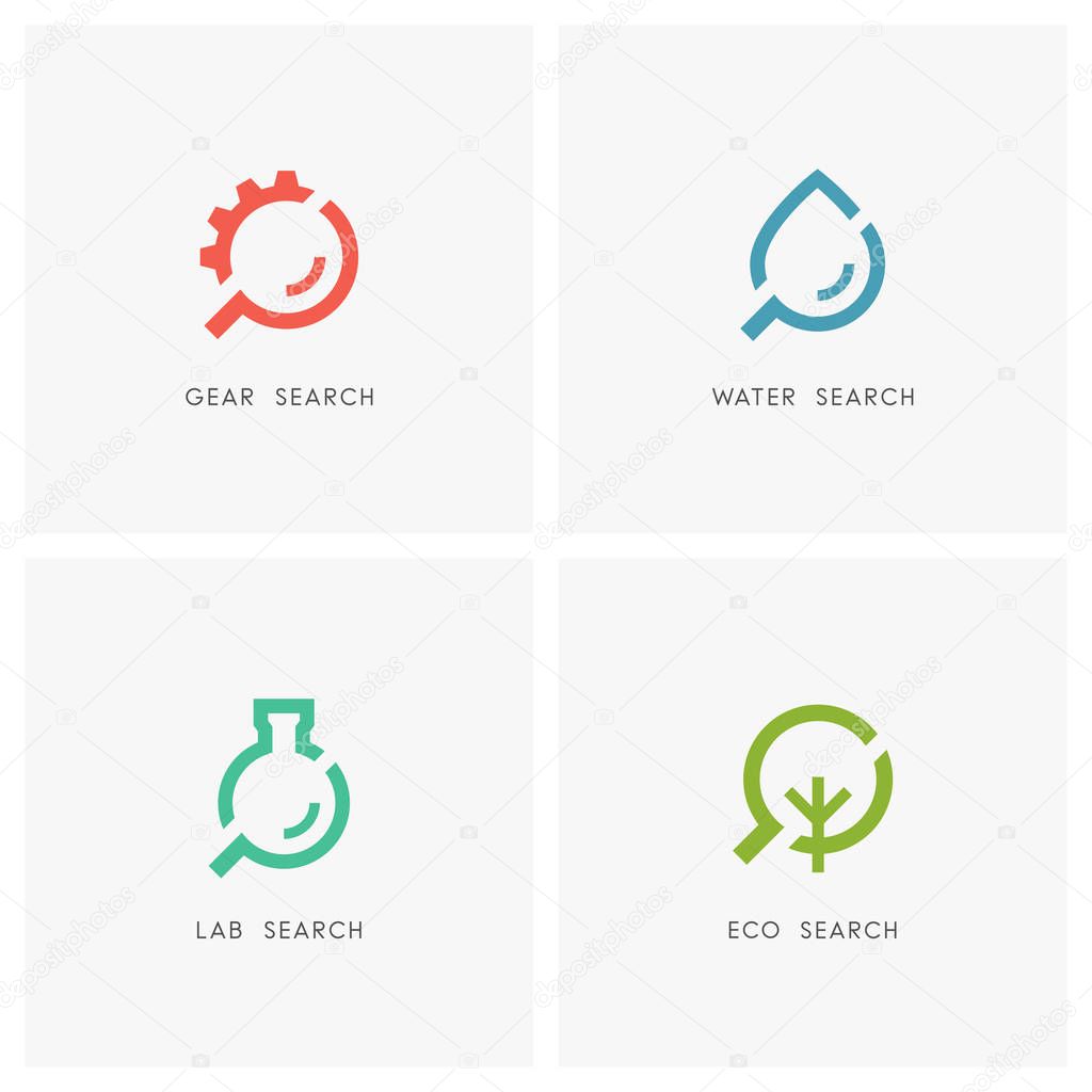 Search logo set. Gear wheel or pinion, drop of water, laboratory test tube, green tree and loupe or magnifier symbol - industry and machinery, science, chemistry and medicine, research, ecology and environment icons.