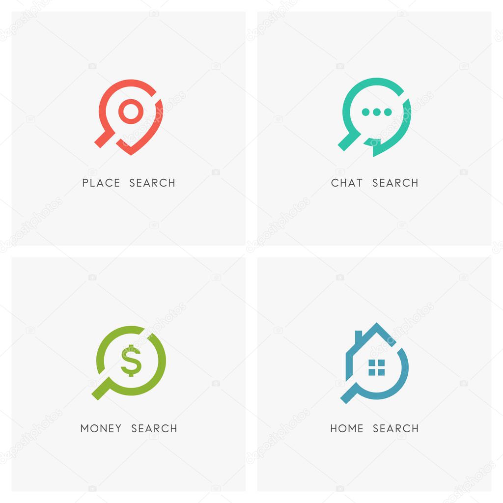 Search logo set. Address pointer, chat, dollar sign, home or house and loupe or magnifier symbol - place, location and destination, dialogue, conversation and discussion, finance and investment, estate agency and realty icons.