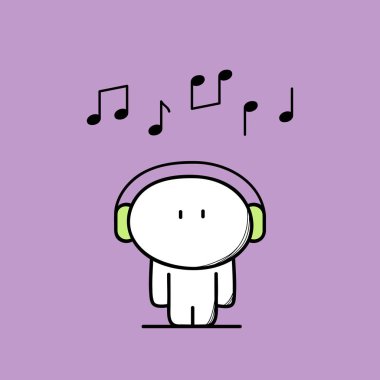 Kulaklık ya da kulaklık ve notlar başının üstünde şirin komik adam. Müzik, melodi veya şarkı, zevk ve rahatlama vektör çizim karikatür.