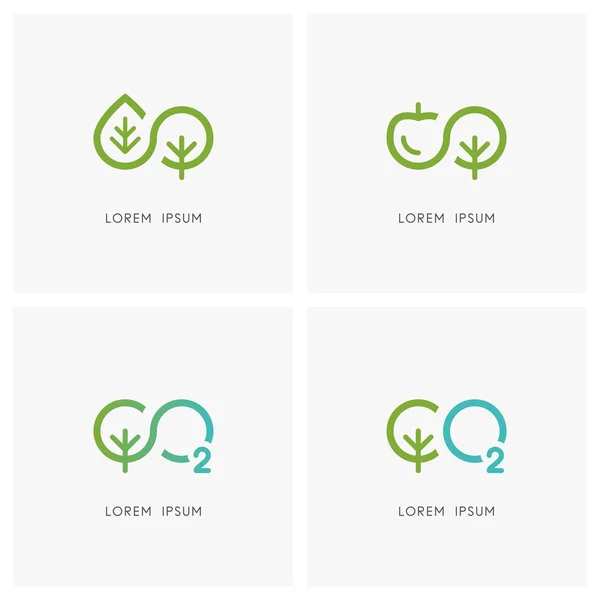 Sonsuz doğa logosu. Yaprak, elma ve oksijen sembollü yeşil ağaç veya bitki - yeni yaşam ve bahçıvanlık, ekoloji ve çevre, karbondioksit ve fotosentez simgeleri.
