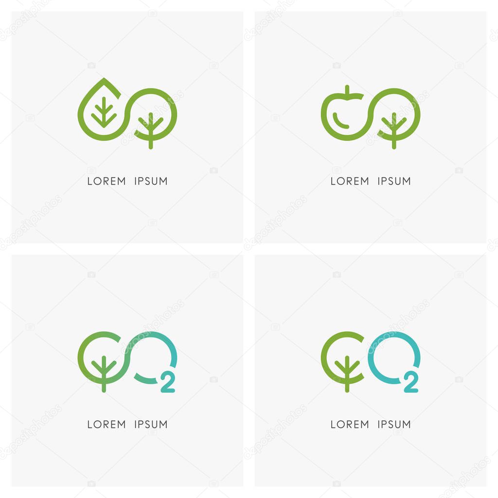 Infinity nature logo set. Green tree or plant with leaf, apple and oxygen symbol - new life and gardening, ecology and environment, carbon dioxide and photosynthesis icons.