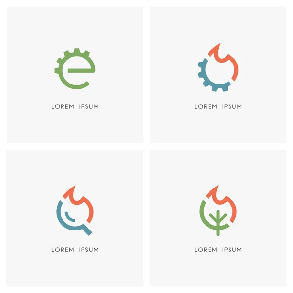 Ökologie Und Industrie Logo Gesetzt Zahnrad Feuer Und Baumsymbol Verbrennungsmotor — Stockvektor