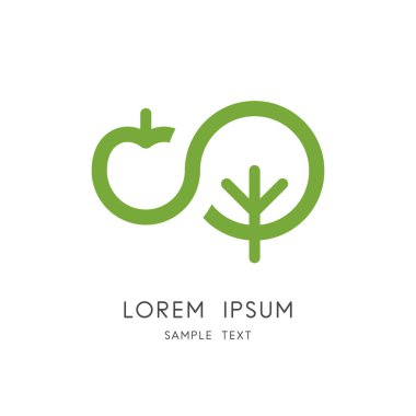 Elma ağacı logosu - yeşil bitki ve meyve sembolü. Organik ve doğal gıda, bahçe ve meyve bahçesi vektör simgesi.