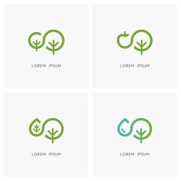 Zestaw Logo Natury Zielone Drzewo Małe Sadzonki Jabłko Liść Kropla — Wektor stockowy