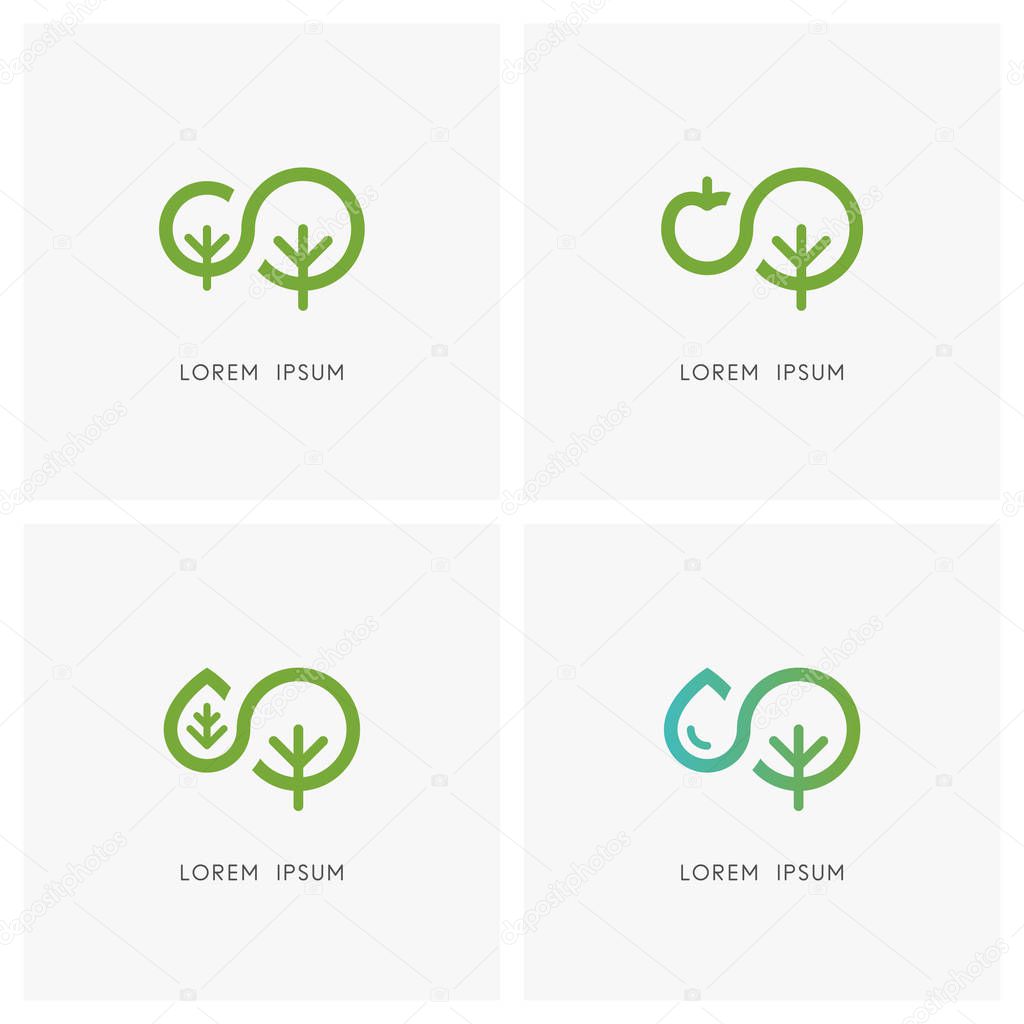 Nature logo set. Green tree and small sapling, apple, leaf and drop of water symbol - ecology and environment, agriculture and gardening icons.