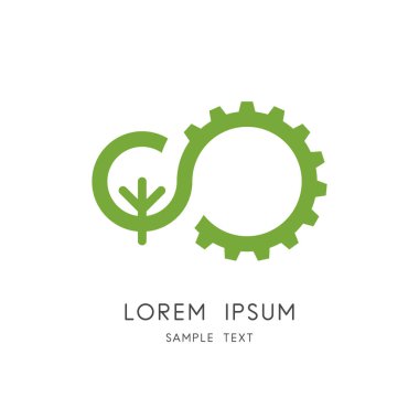 Doğa ve endüstri logosu - yeşil ağaç ve dişli tekerlek sembolü. Ekoloji ve çevre vektörü simgesi.