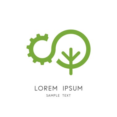 Doğa ve endüstri logosu. Ağaç ve dişli tekerlek sembolü. Ekoloji ve çevre, yeşil güç ve temiz enerji vektör simgesi.