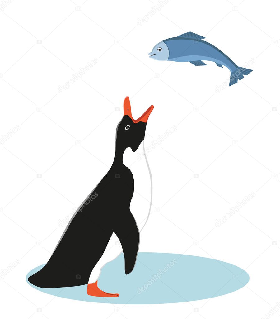 Penguin and fish. Vector Illustration.