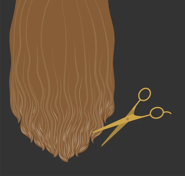 Konstrukce vlasů. Dlouhé blond vlasy a zlaté profesionální nůžky. Izolované na šedém pozadí. Vektorová ilustrace. — Stockový vektor