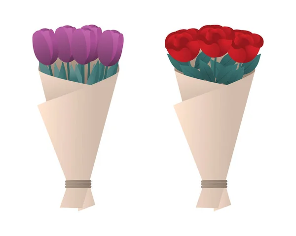 Δύο ρομαντικά ανθοδέσμες με φρέσκα λουλούδια. Κόκκινα τριαντάφυλλα και μωβ τουλίπες. Απομονωμένο σε λευκό φόντο. Εικονογράφηση διανύσματος. — Διανυσματικό Αρχείο