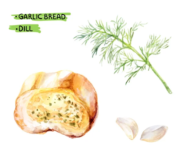 Vitlöksbröd, vitlöksklyftor och dill — Stockfoto