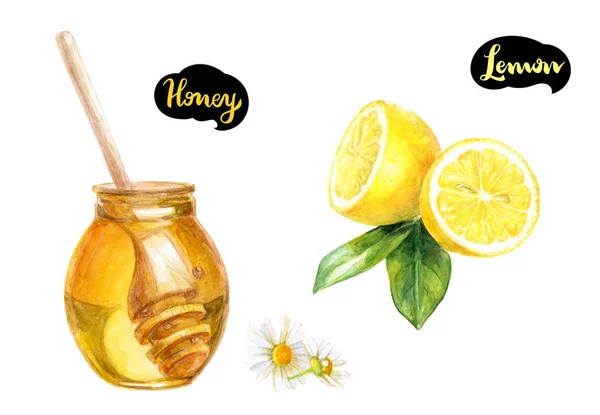 Bal, limon ve papatya çiçek — Stok fotoğraf