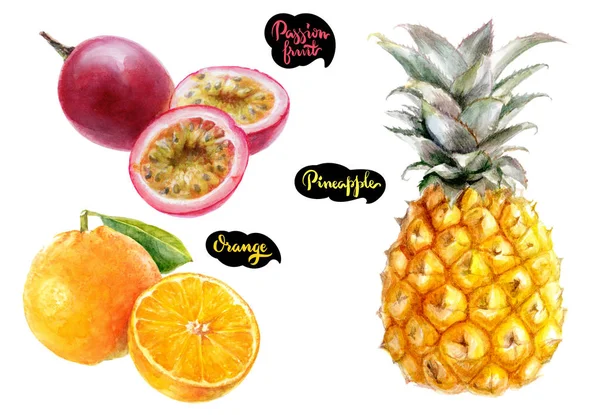 Apelsin, ananas, passionsfrukt — Stockfoto