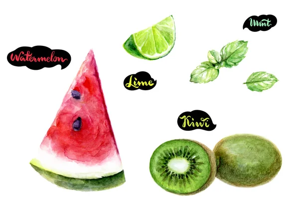 Kiwi, pastèque, citron vert, illustration à la menthe — Photo