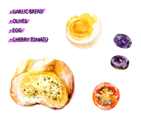 Чесночный хлеб, помидоры, яйца и оливки — стоковое фото