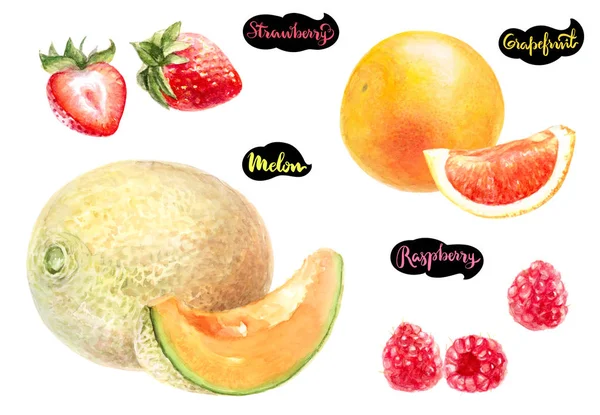 Melón, pomelo, fresas y frambuesas —  Fotos de Stock