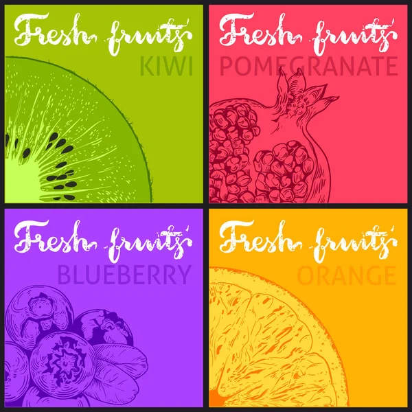 Kiwi, delima, blueberry, buah jeruk - Stok Vektor