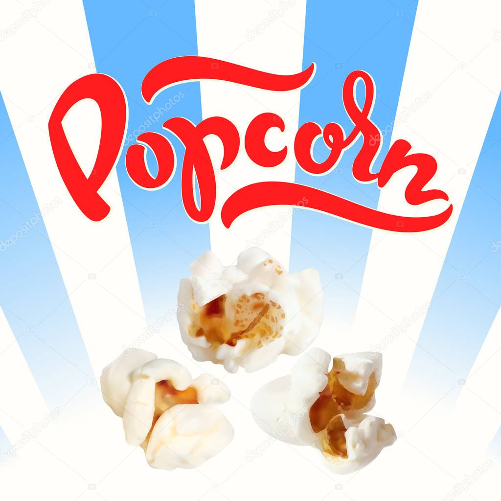 Popcorn on striped white and blue background with lettering, vector illustration