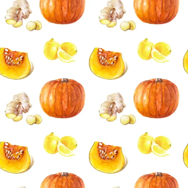 Гарбузовий, лимонний та імбирний акварельний візерунок — стокове фото