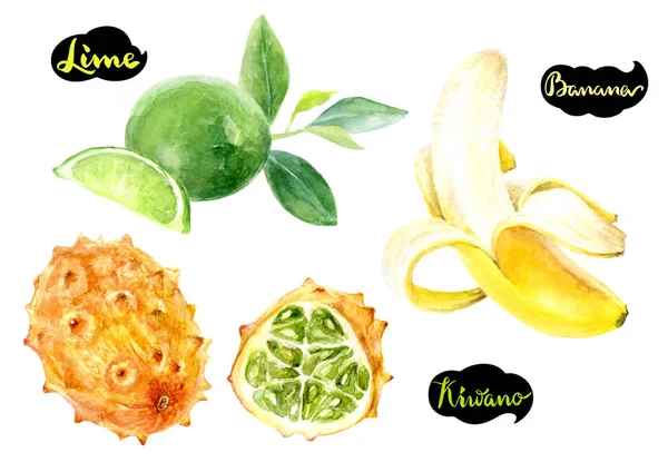 Kiwano Lime Banana Hand Dras Akvarell Illustration Isolerade Vit Bakgrund — Stockfoto