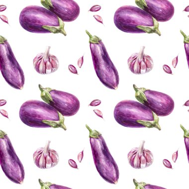 Patlıcan seamless modeli. Patlıcan, sarımsak mutfak malzemeler çizilmiş suluboya resim el.